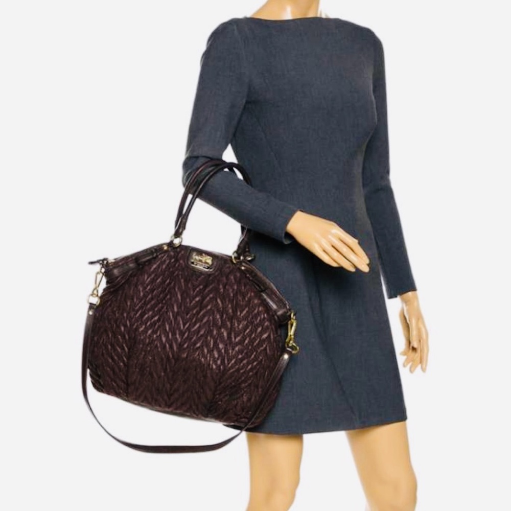 Coach Dark Brown Quilted Chevron Nylon Leather Handbag 70th Anniversary Madison